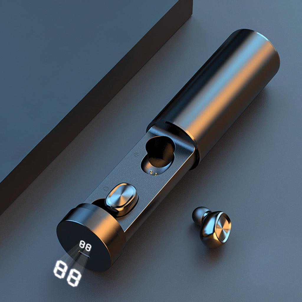 Kabellose Bluetooth In-Ear-Kopfhörer mit kompaktem Ladecase und digitaler Akkuanzeige für unterwegs.