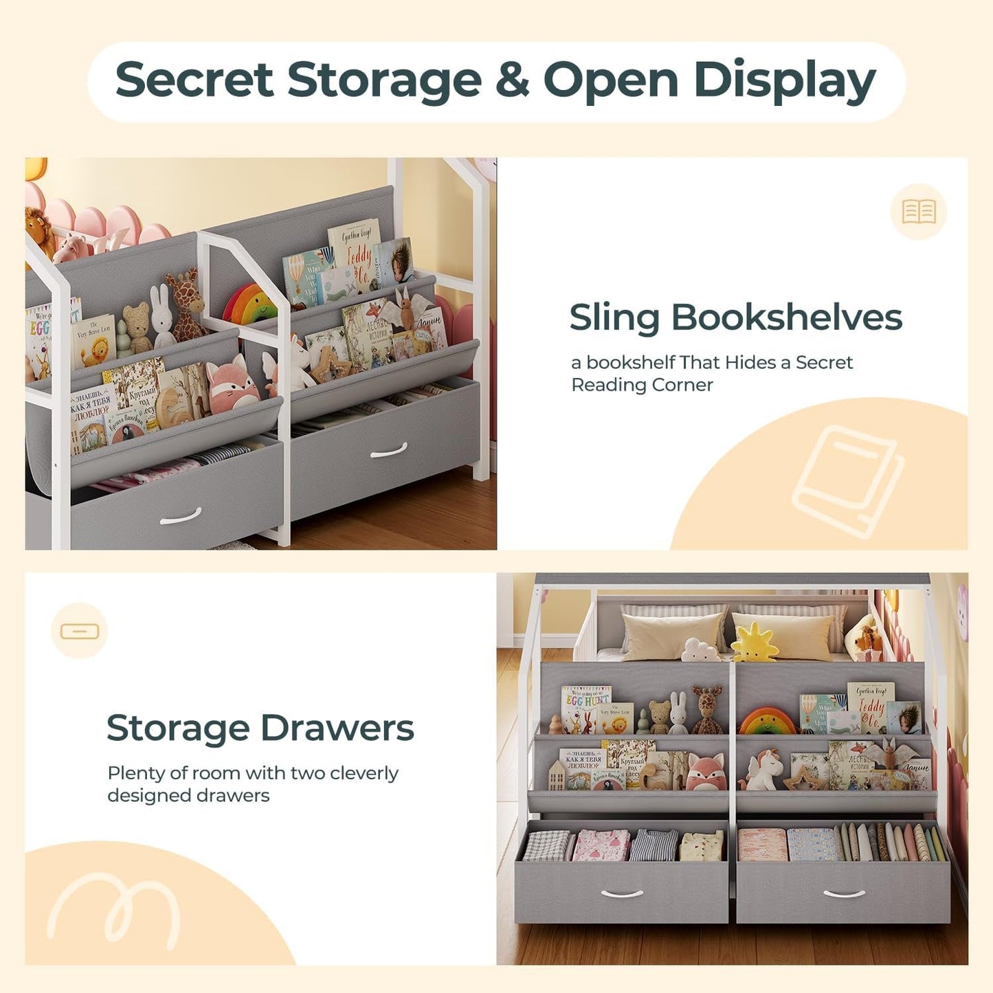 Kinder-Bücherregal mit offenen Buchablagen und zwei großen Schubladen für Bücher, Spielzeug und mehr Stauraum.