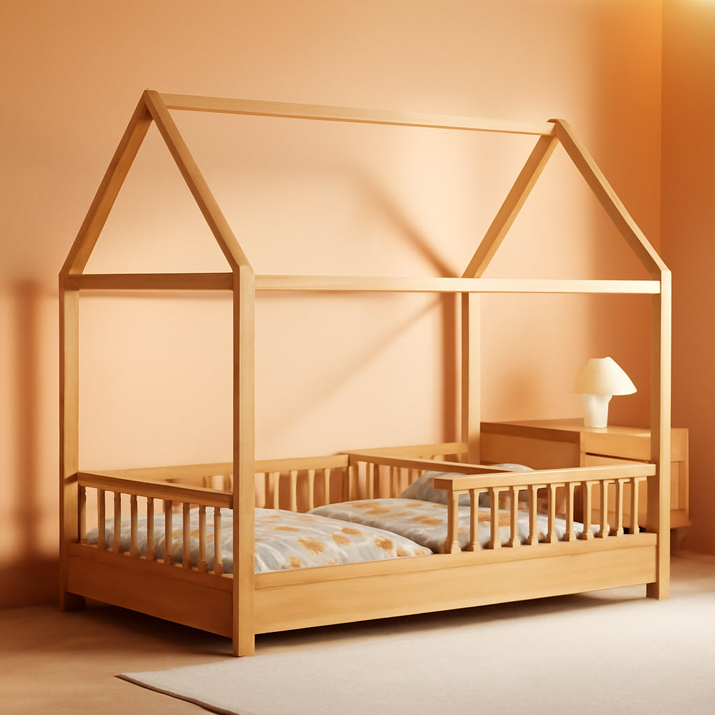Kinder Hausbett aus Holz mit Dachgestell, niedrigem Einstieg und Schutzgitter für ein gemütliches Kinderzimmer.