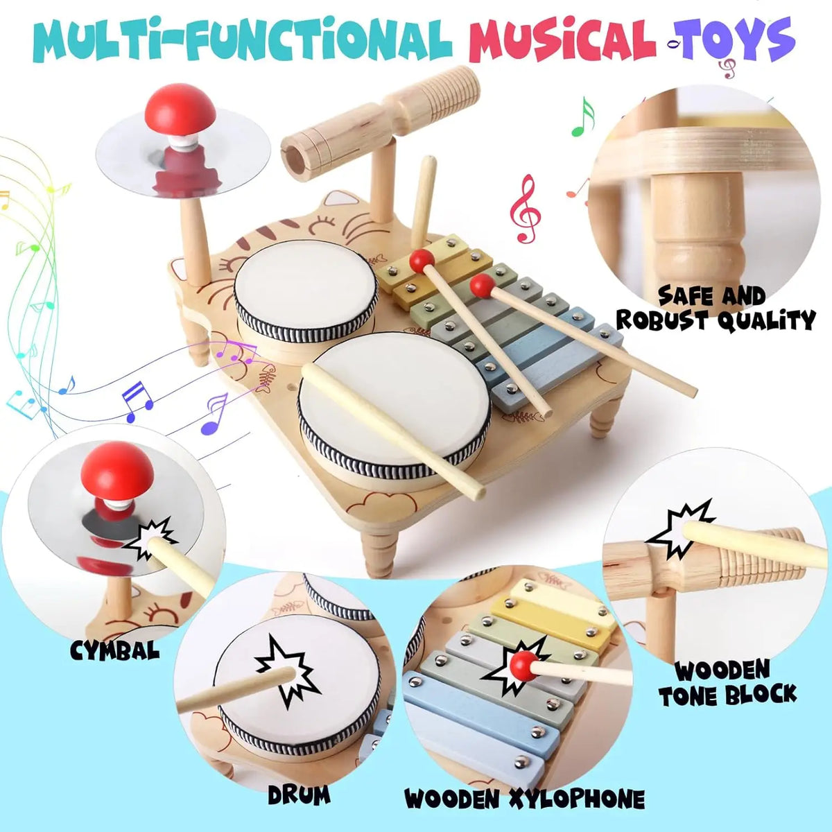 Montessori Musikinstrumente aus Holz mit Xylophon und Trommel