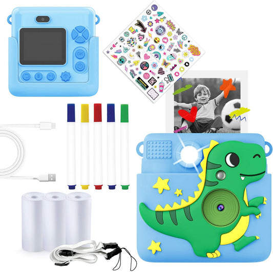 Kinder Sofortbildkamera mit Druckfunktion, Fotopapier, bunten Stiften, Stickern und praktischem Zubehör.