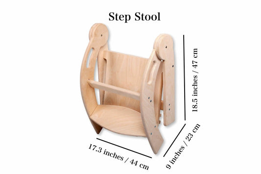 Kinder Tritthocker aus Holz mit Sicherheitsbügel und Haltegriff, 47 cm hoch und 44 cm breit für den Alltag.