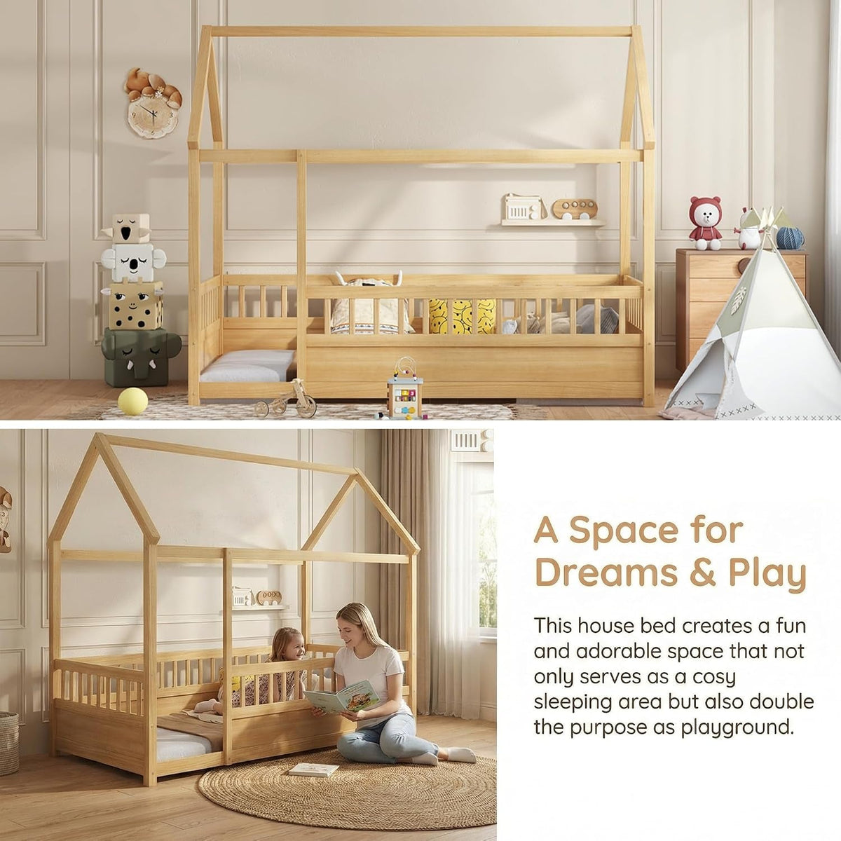 Montessori Hausbett aus Holz mit Rausfallschutz in Twin oder Full