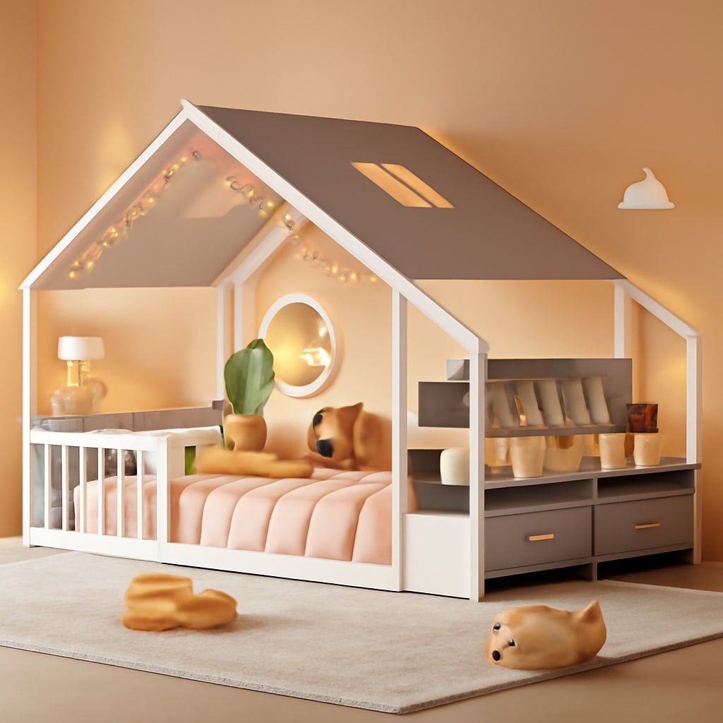 Montessori Hausbett mit Stauraum, Bücherregal und Rausfallschutz