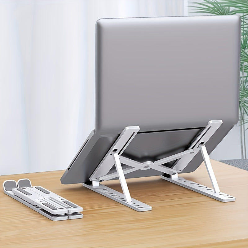 Klappbarer weißer Laptopständer mit verstellbarer Höhe und rutschfesten Auflagen für den Schreibtisch.