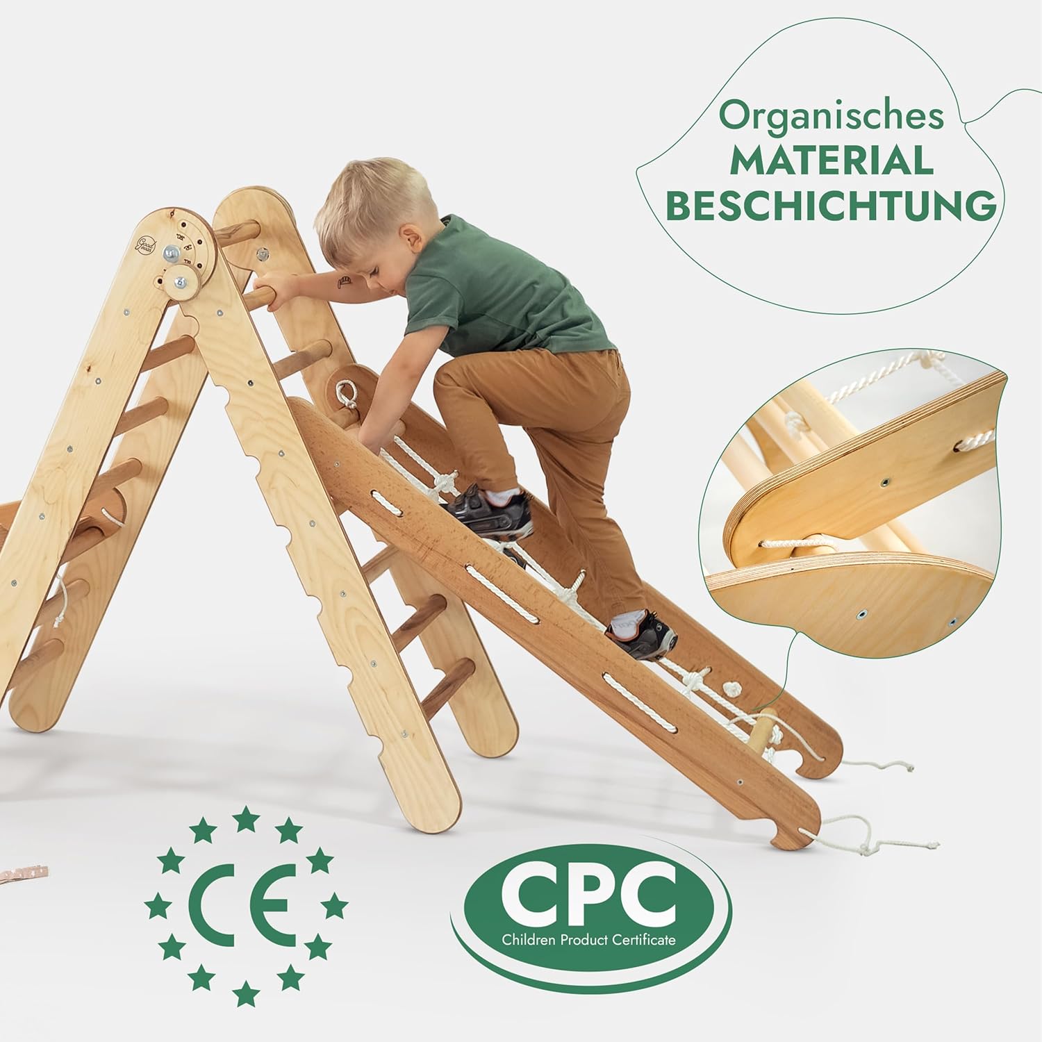 Holz Kletterdreieck mit Kletterrampe für Kinder zur spielerischen Förderung von Bewegung, Balance und Motorik.