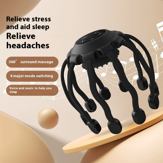 Elektrisches Kopfmassagegerät in Schwarz mit flexiblen Massagearmen und mehreren Massagepunkten für Zuhause.