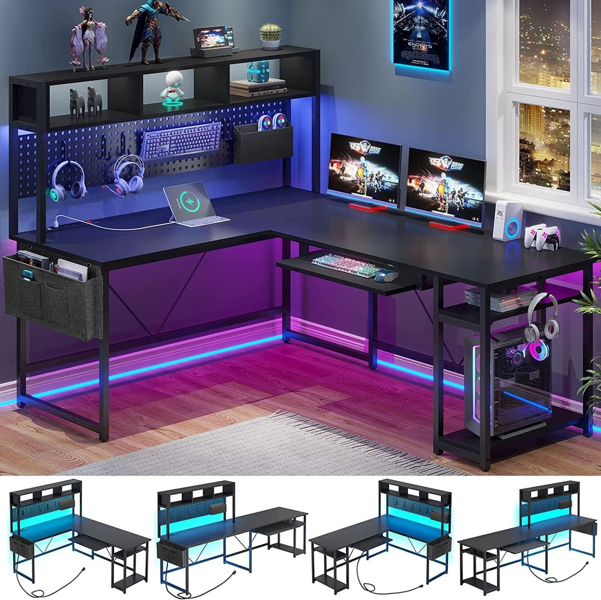 L-förmiger Gaming-Schreibtisch mit LED-Beleuchtung, Regal, Stauraum und großer Arbeitsfläche für Dein Setup.