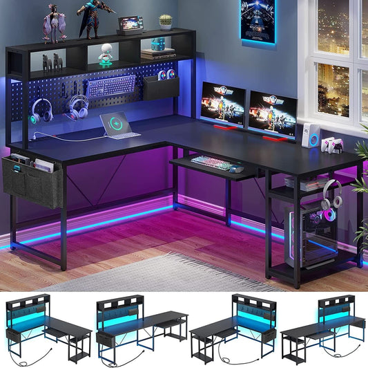 L-förmiger Gaming-Schreibtisch mit LED-Beleuchtung, Regal, Stauraum und großer Arbeitsfläche für Dein Setup.