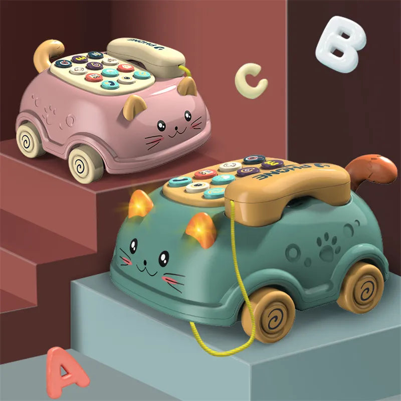 Interaktives Kindertelefon im Katzenauto Design mit bunten Tasten, Telefonhörer, Rädern und Lernfunktionen.