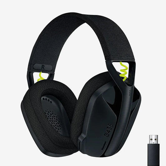 Logitech G435 kabelloses Gaming-Headset in Schwarz mit weichen Ohrpolstern und USB-Empfänger.