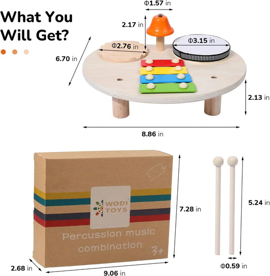 Montessori Musikspielzeug aus Holz mit Xylophon, Trommel, Glocke und zwei Schlägeln für Kinder ab 3 Jahren.