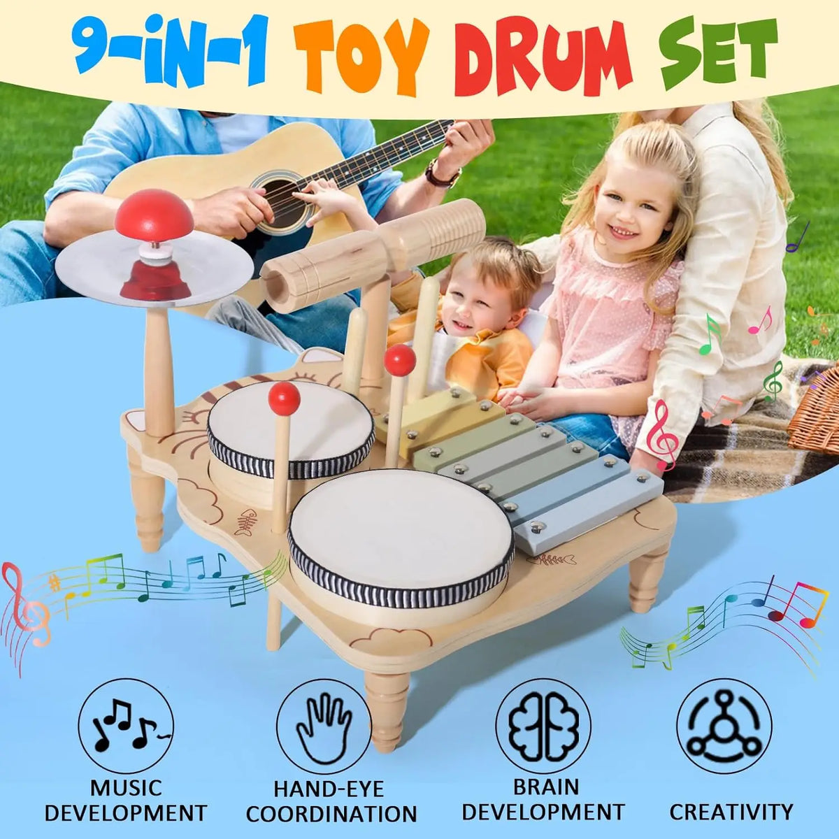 Montessori Musikinstrumente aus Holz mit Xylophon und Trommel