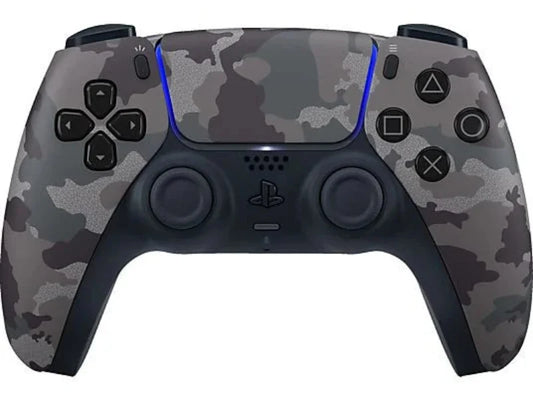 PS5 DualSense Wireless Controller im grauen Camouflage Design mit zwei Analogsticks und typischen PlayStation Tasten.