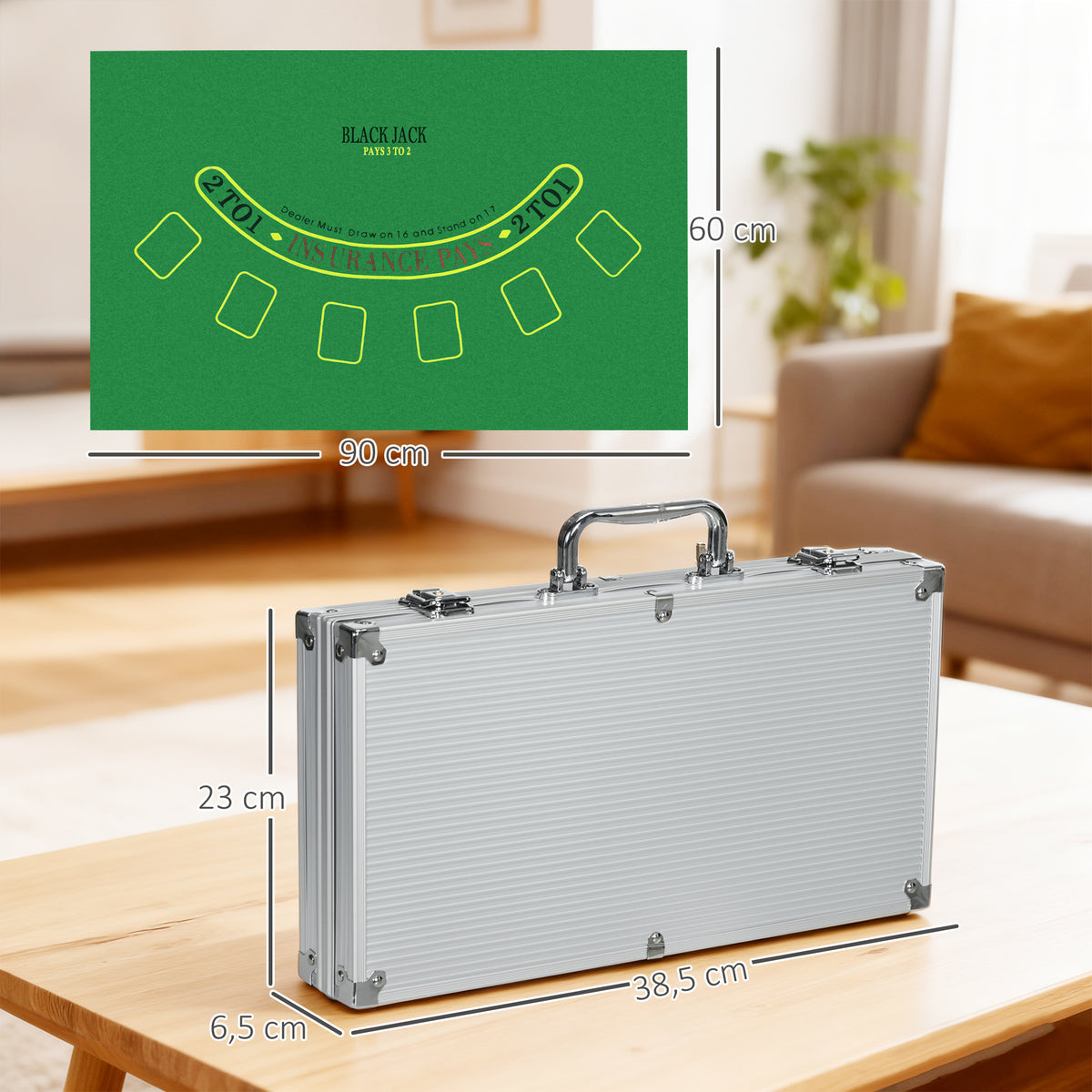 Poker-Set im Aluminiumkoffer mit bunten Pokerchips, Spielkarten, Würfeln und Zubehör für Spieleabende.