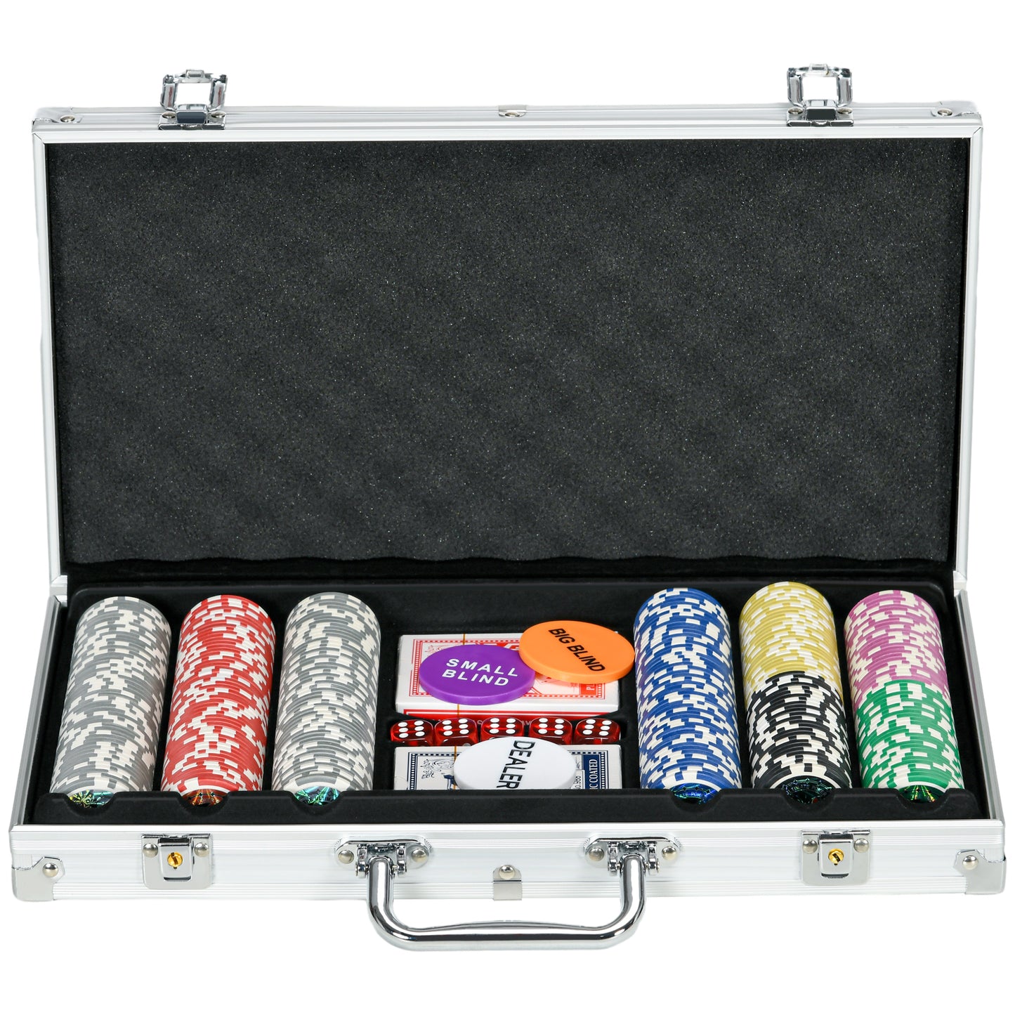 Poker-Set im Aluminiumkoffer mit bunten Pokerchips, Spielkarten, Würfeln und Zubehör für Spieleabende.