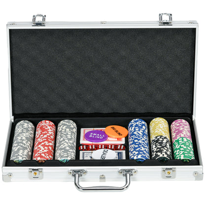 Poker-Set im Aluminiumkoffer mit bunten Pokerchips, Spielkarten, Würfeln und Zubehör für Spieleabende.