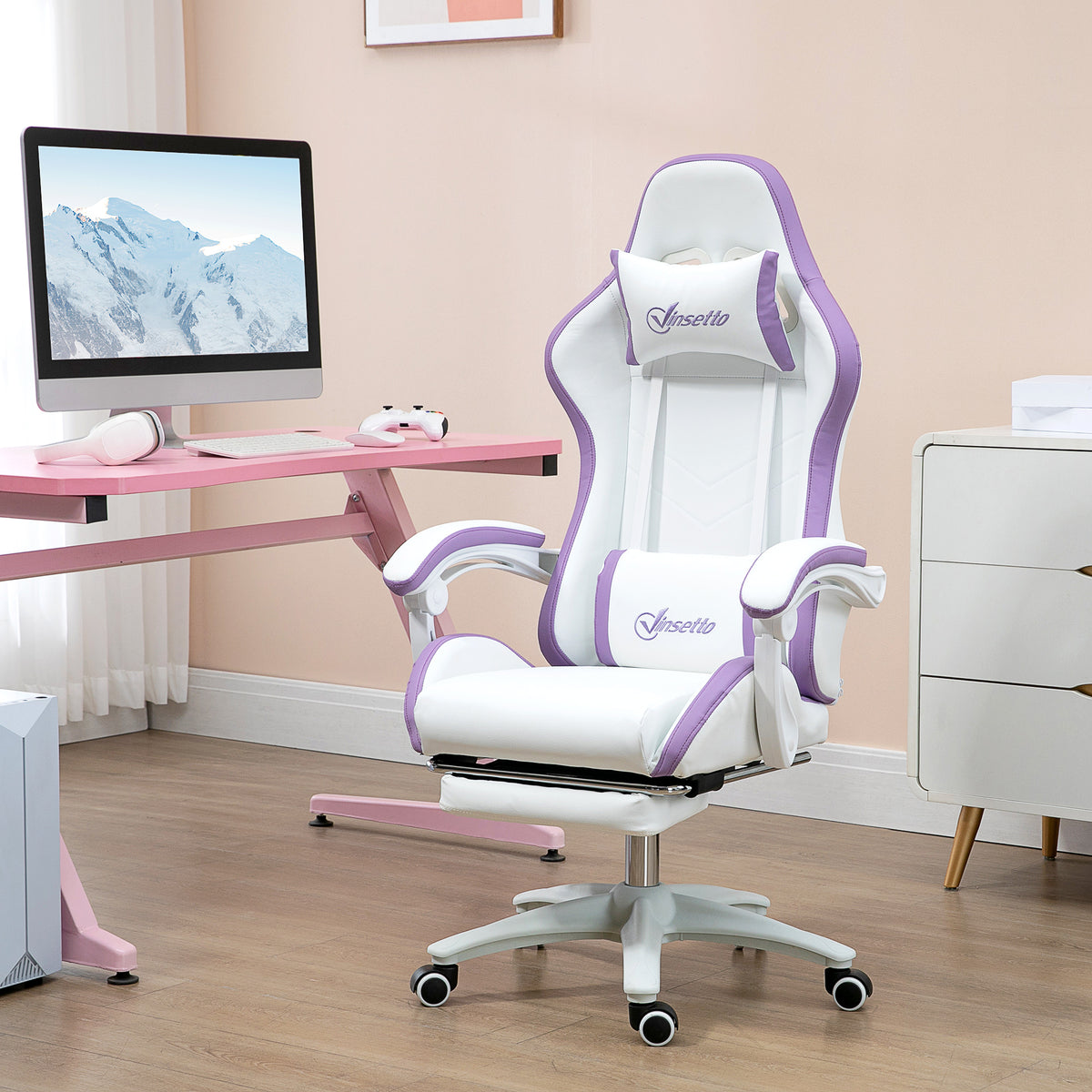 Chaise gaming fauteuil gaming ergonomique avec dossier inclinable à 135° et soutien lombaire, 65 x 65 x 121-129 cm blanc