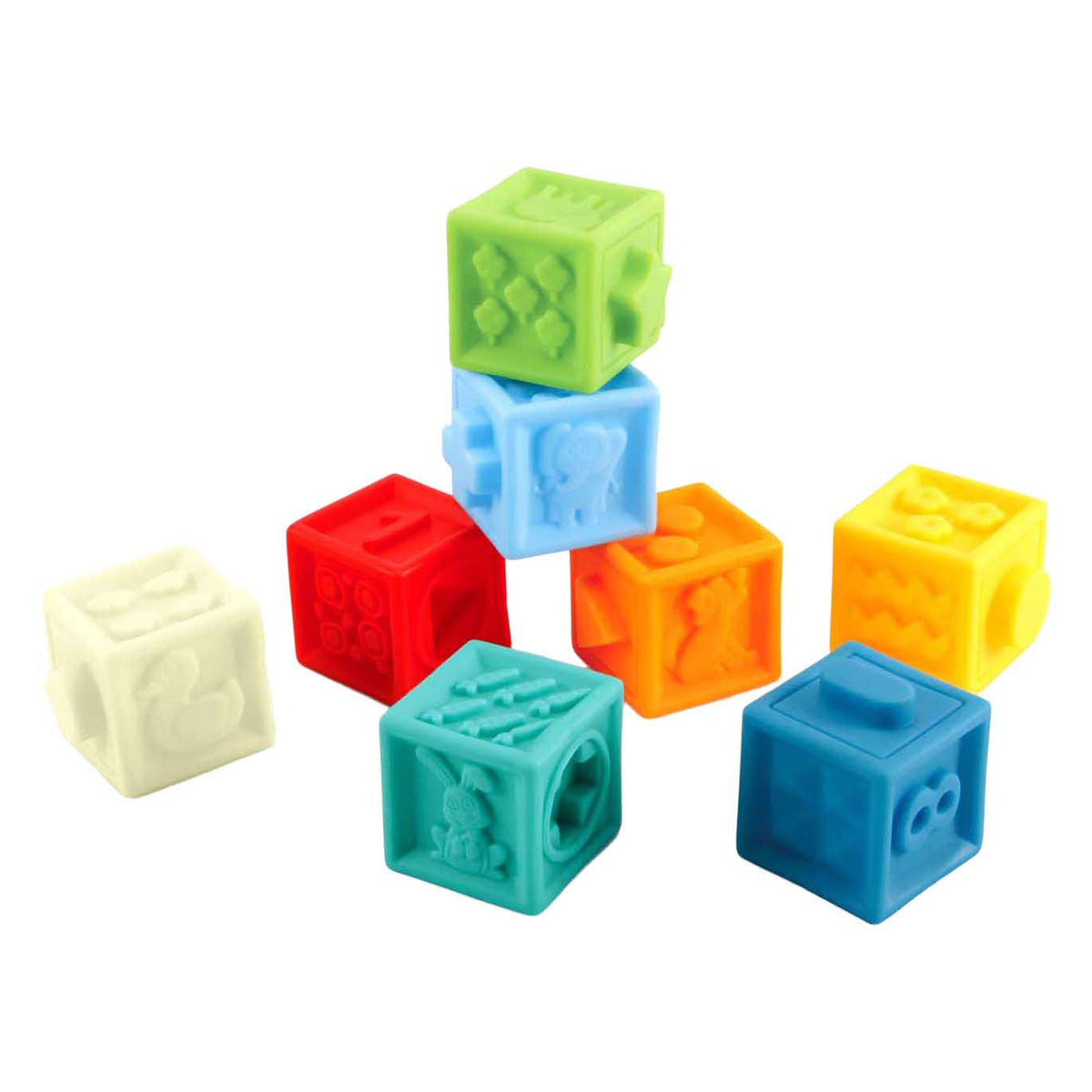 Bunte sensorische Lernwürfel für Kinder mit verschiedenen Formen und Motiven zum Fühlen, Stapeln und Entdecken.