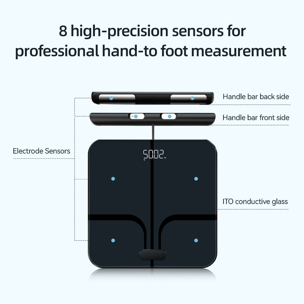 Smarte Körperanalysewaage mit Handgriff, Digitalanzeige und 8 Sensoren für präzise Hand-Fuß-Messungen.