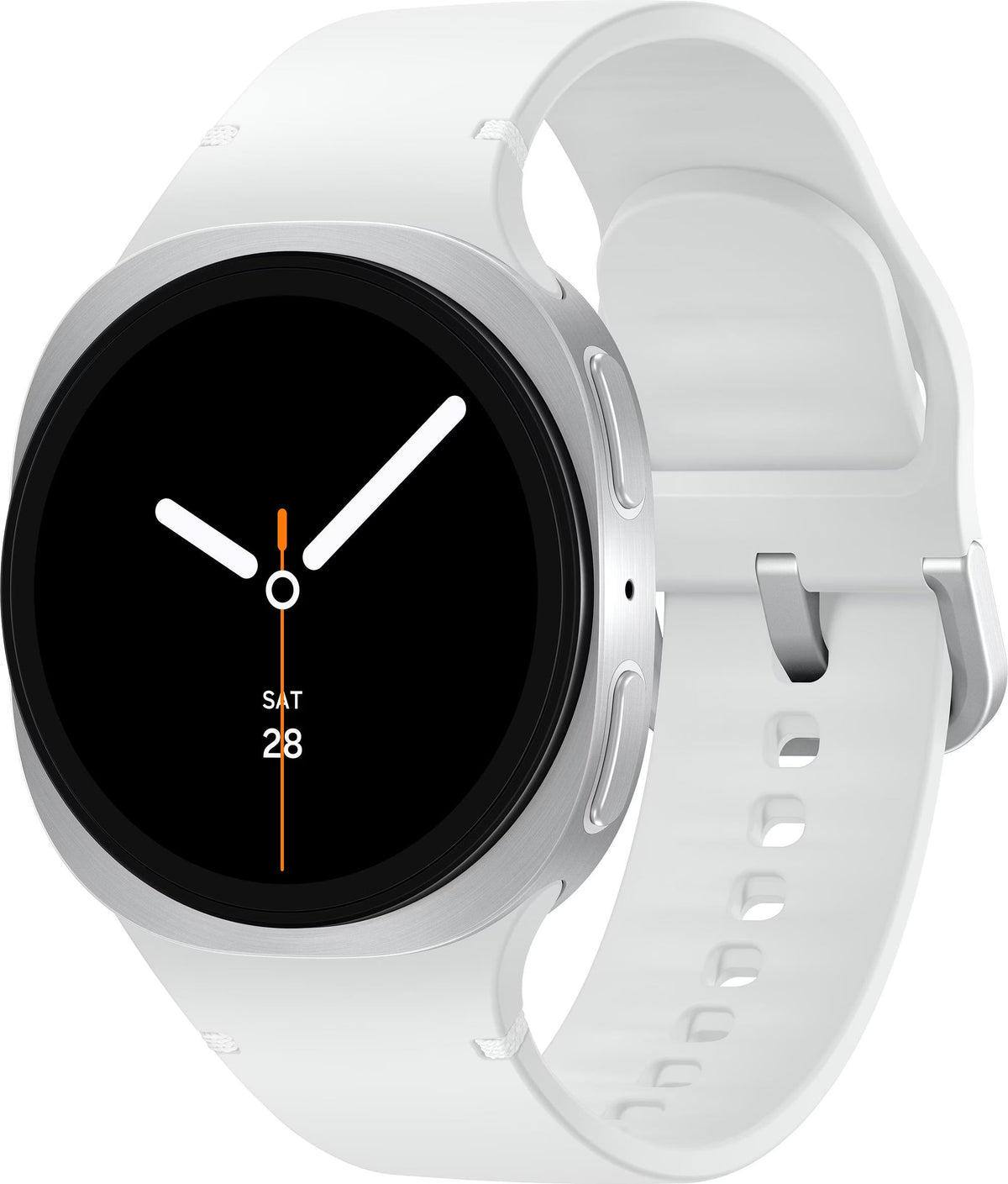 Weiße Smartwatch mit rundem schwarzem Display, silbernem Gehäuse und verstellbarem Silikonarmband.