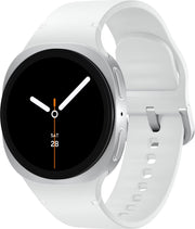 Weiße Smartwatch mit rundem schwarzem Display, silbernem Gehäuse und verstellbarem Silikonarmband.