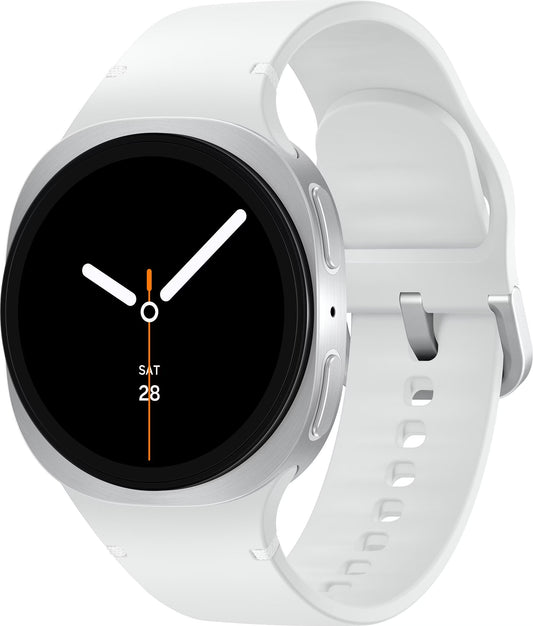 Weiße Smartwatch mit rundem schwarzem Display, silbernem Gehäuse und verstellbarem Silikonarmband.