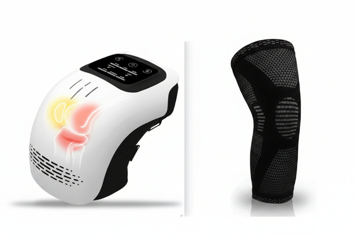 Elektrisches Knie-Massagegerät mit Wärmefunktion, Touch-Bedienung und verstellbaren Gurten für komfortable Anwendung.