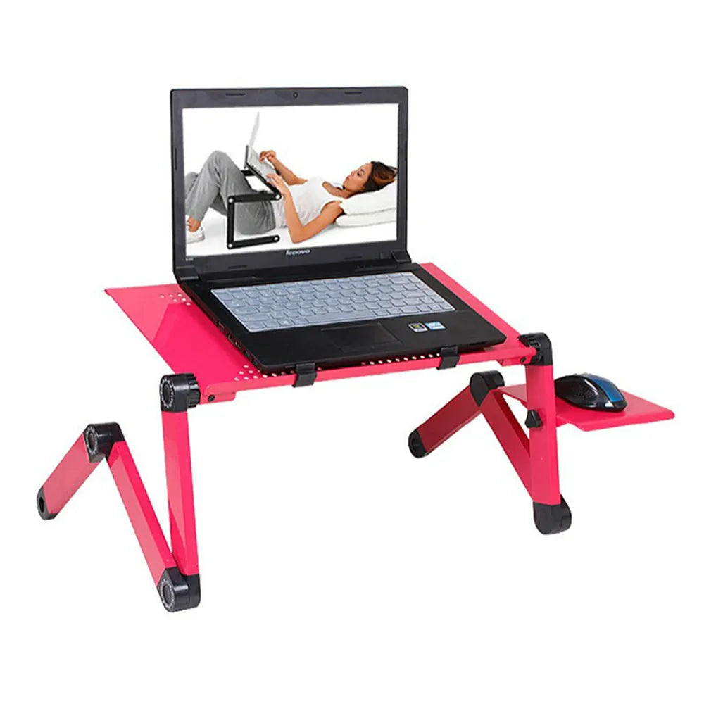 Verstellbarer roter Laptop-Tisch fürs Bett und Sofa mit klappbaren Beinen und praktischer Mausablage.