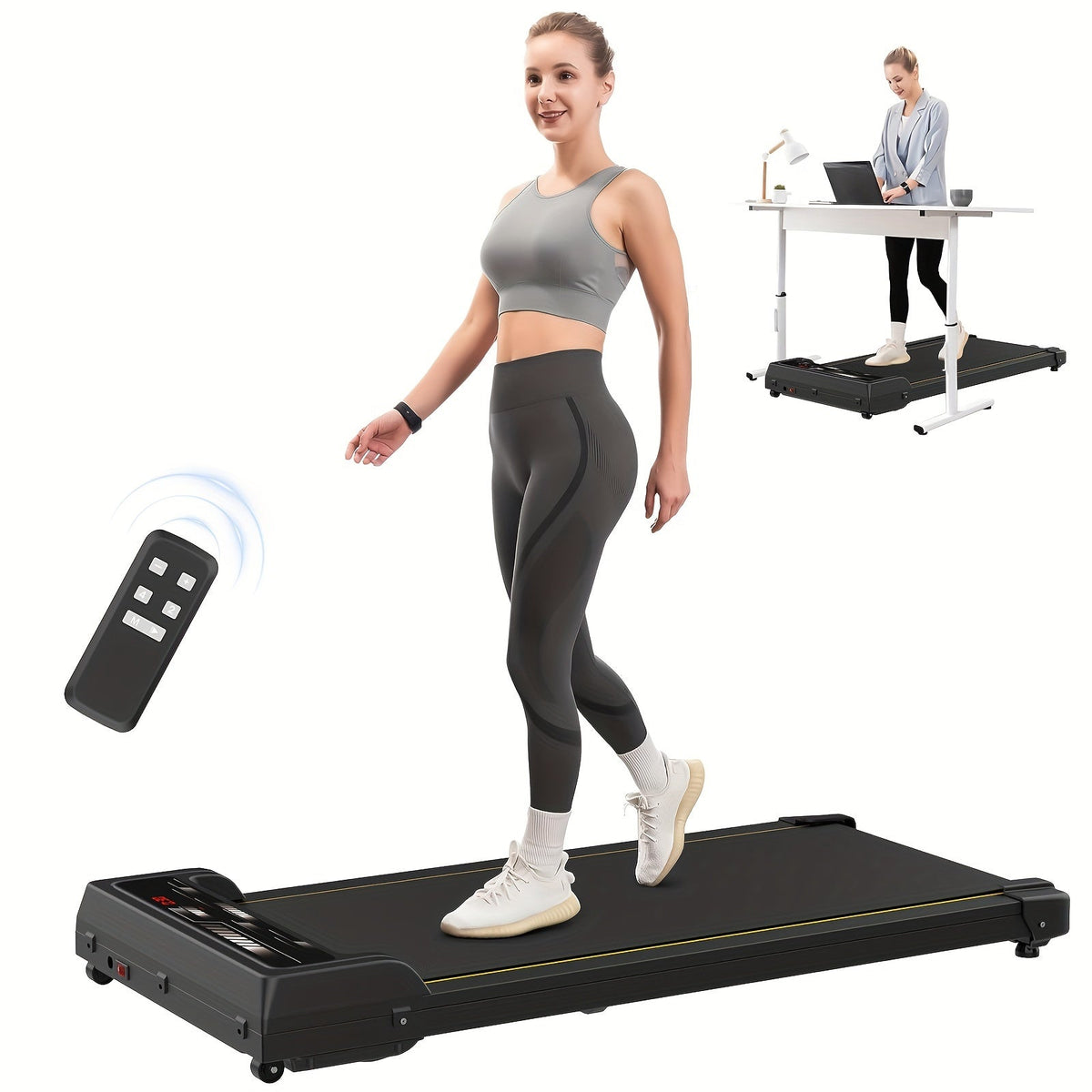 Kompaktes Walking Pad mit Fernbedienung für Gehtraining Zuhause oder im Büro, auch unter dem Schreibtisch nutzbar.