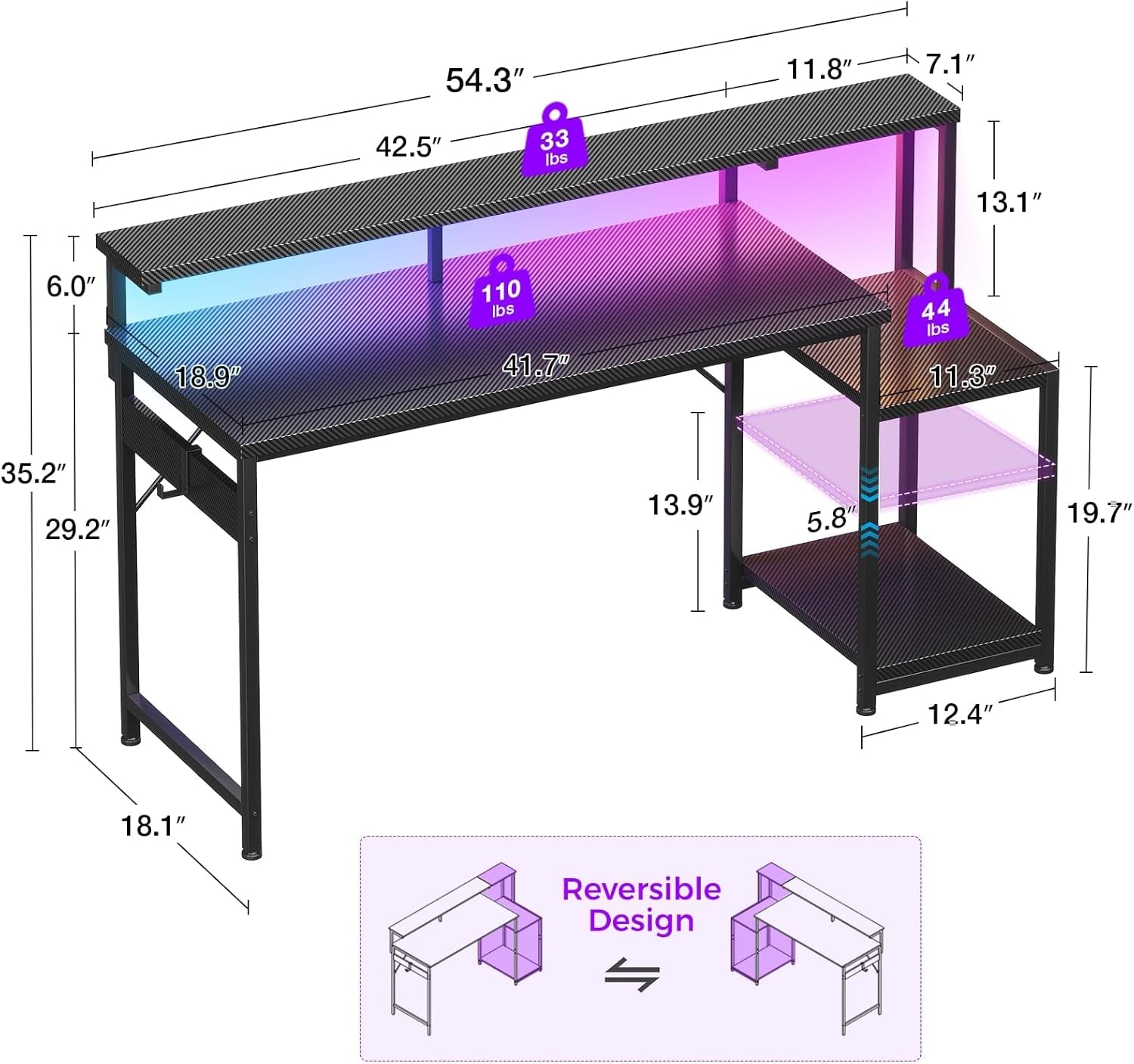 55 Inch Gaming Desk With LED Lights-2