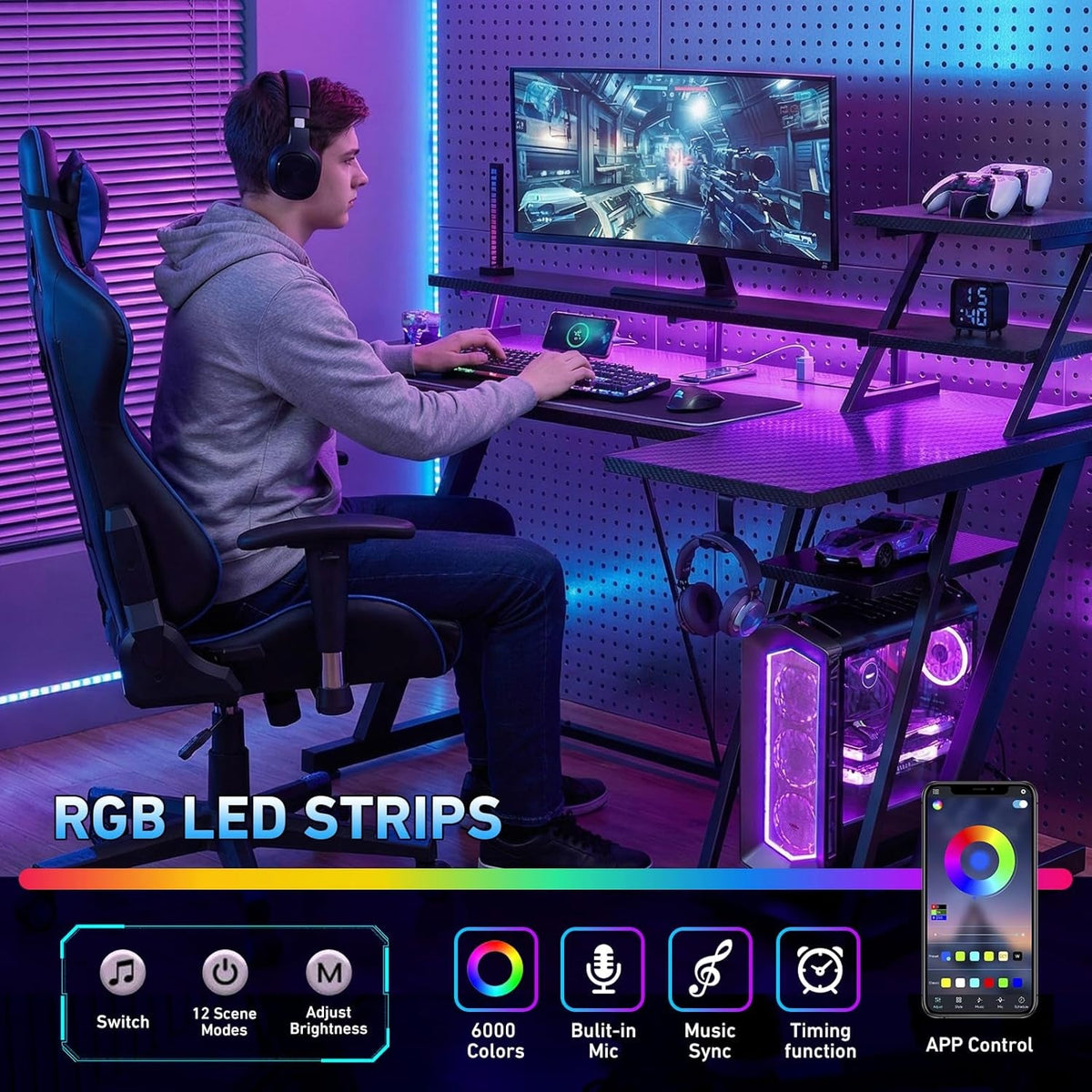 40 Zoll Gaming Schreibtisch in L Form mit RGB LED und Steckdosen