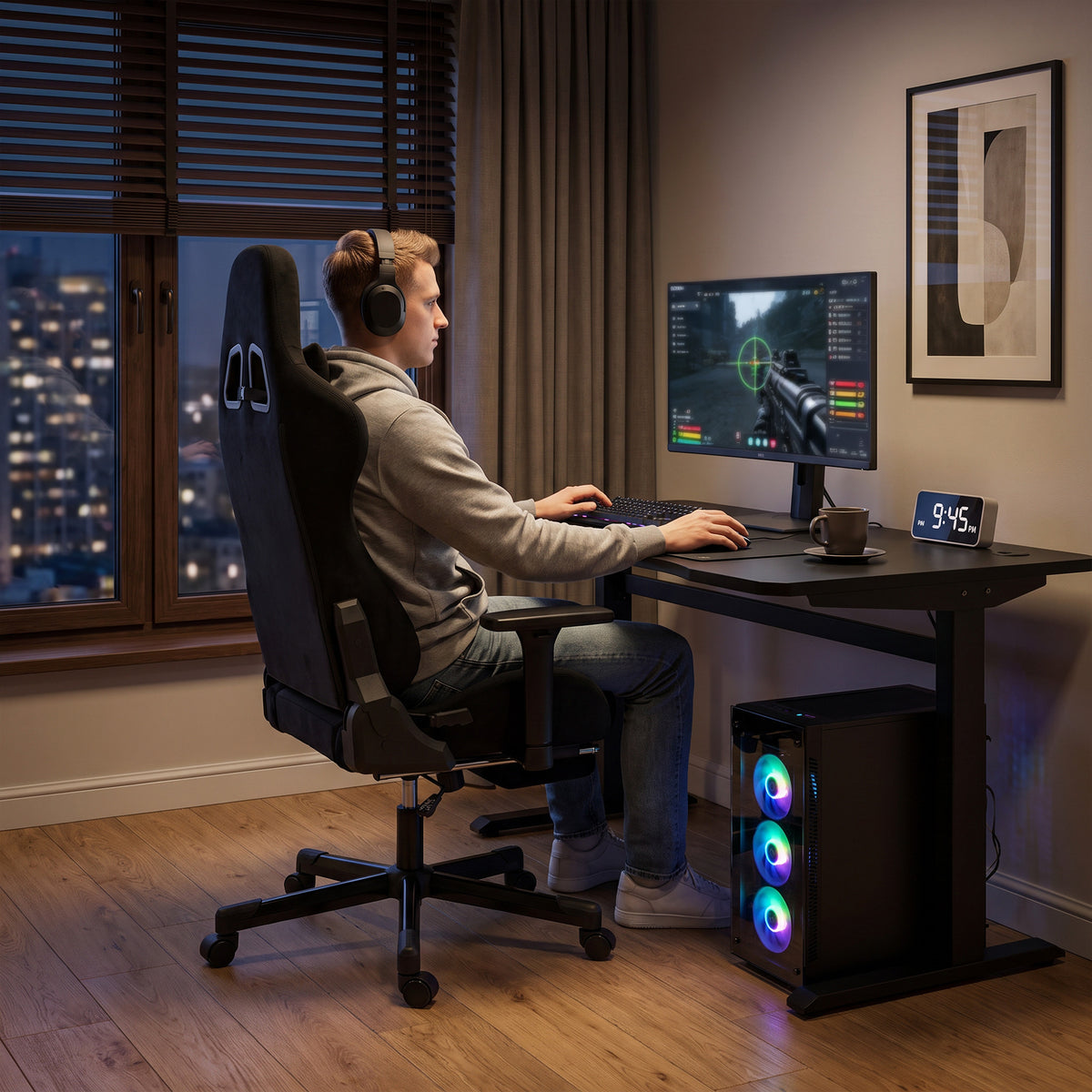 Chaise Gaming Ergonomique Massante et Coussin Lombaire Chauffant, Fauteuil Gaming Inclinable en Lin, Accoudoirs 3D, Noir