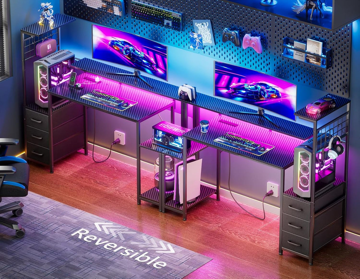 48 Zoll Gaming Schreibtisch mit RGB LED, Steckdosen und Stauraum