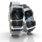 Moderne Designeruhr mit gebogenem Display und elegantem Metallarmband im futuristischen Stil