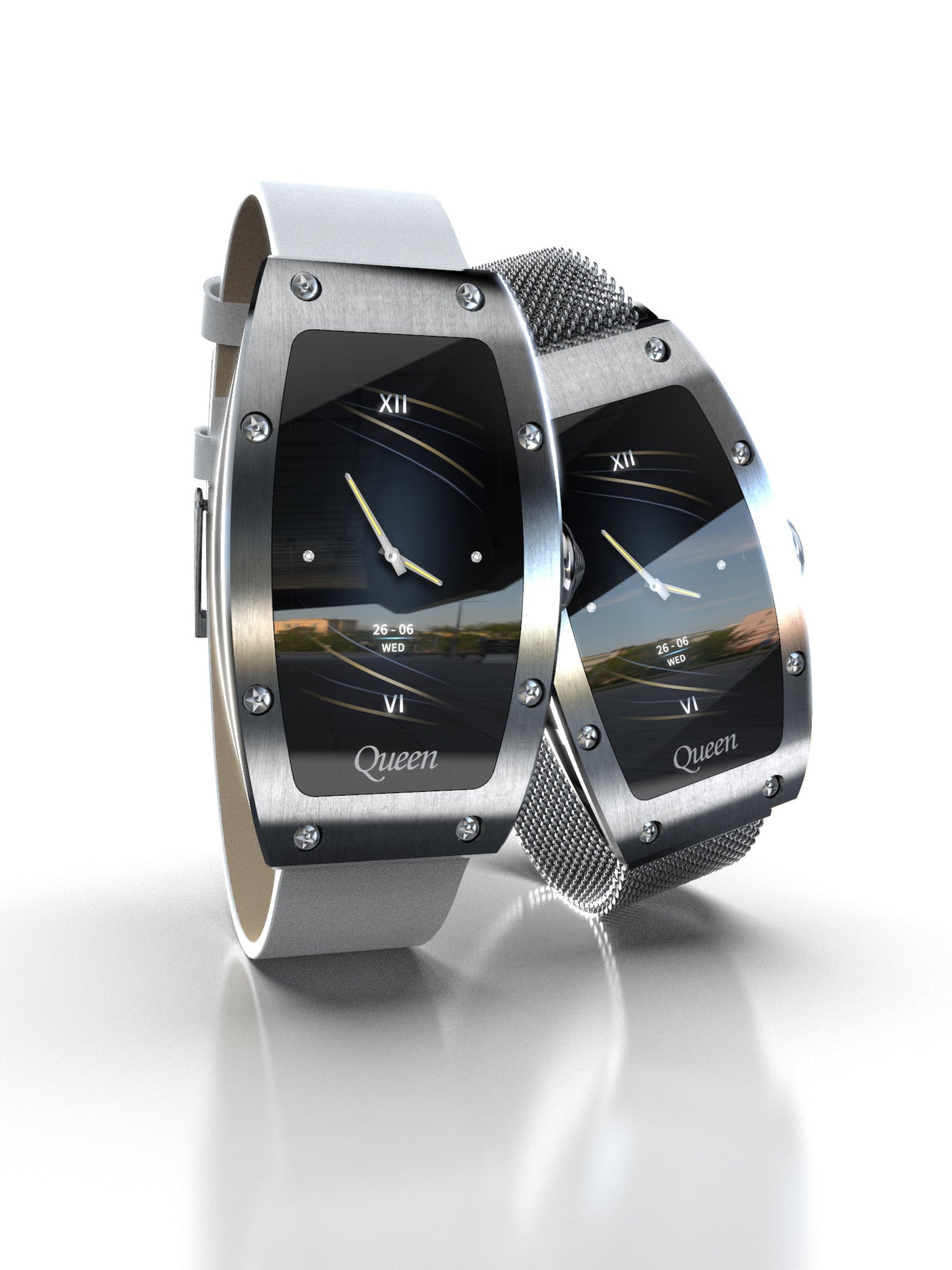 Moderne Designeruhr mit gebogenem Display und elegantem Metallarmband im futuristischen Stil