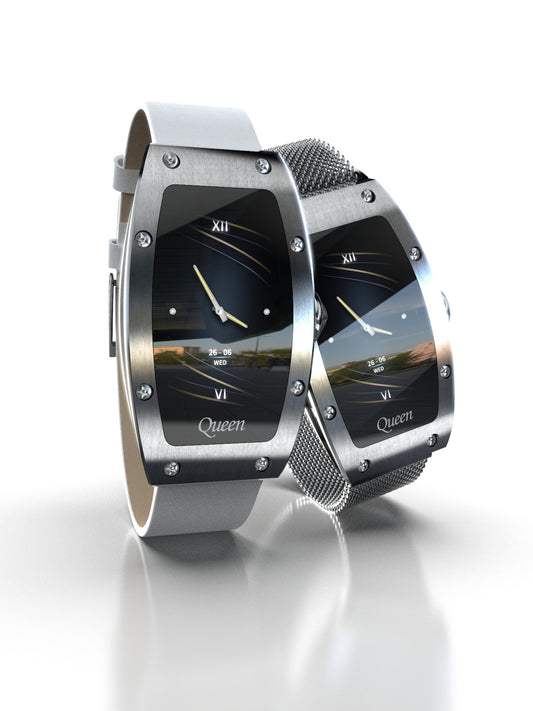 Moderne Designeruhr mit gebogenem Display und elegantem Metallarmband im futuristischen Stil