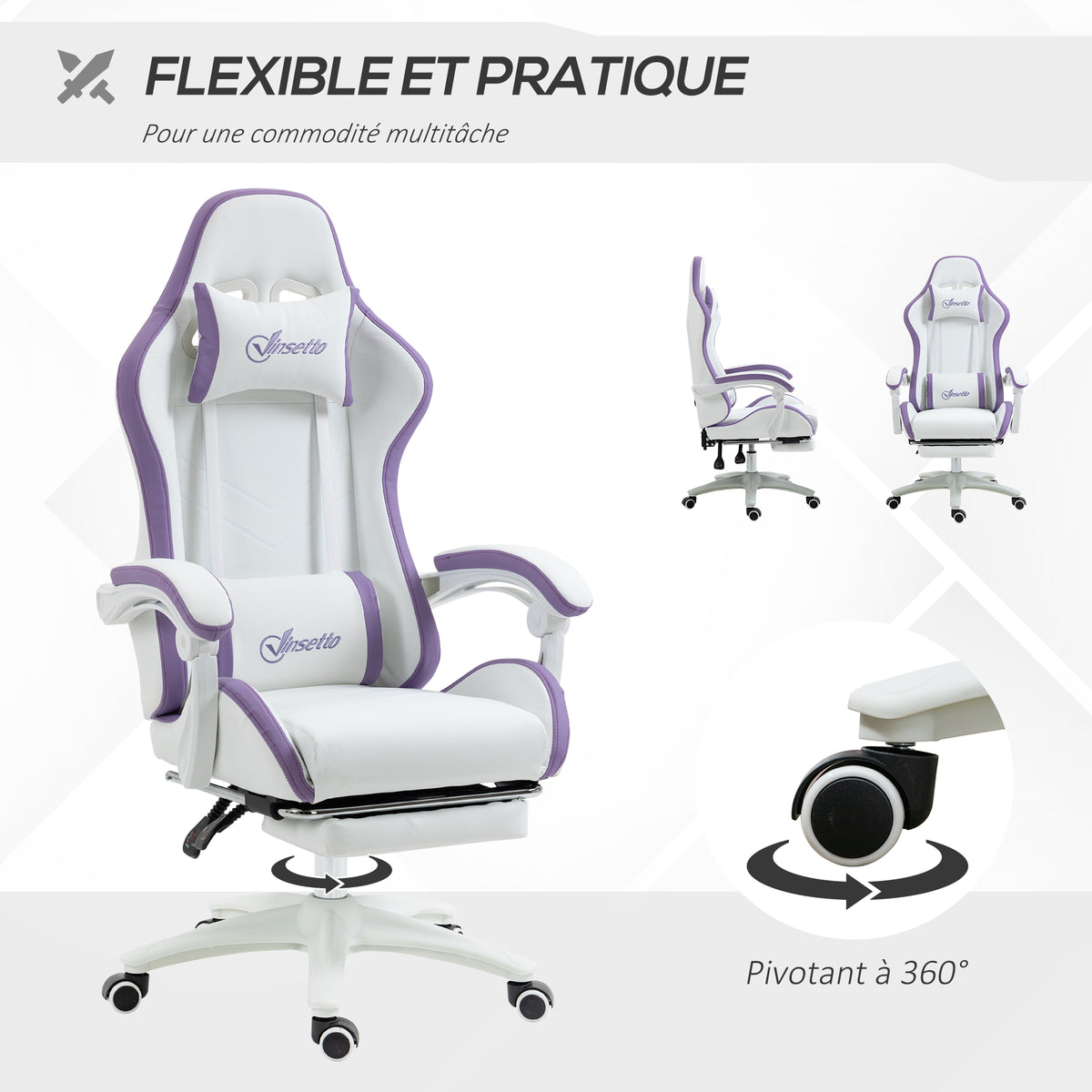 Chaise gaming fauteuil gaming ergonomique avec dossier inclinable à 135° et soutien lombaire, 65 x 65 x 121-129 cm blanc