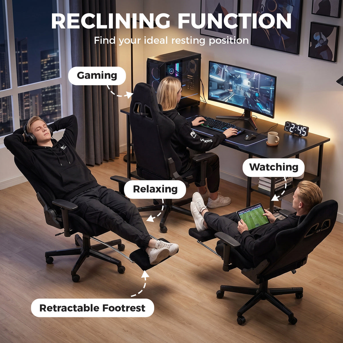 Chaise Gaming Ergonomique Massante et Coussin Lombaire Chauffant, Fauteuil Gaming Inclinable en Lin, Accoudoirs 3D, Noir
