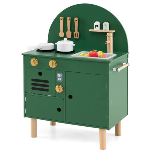 Grüne Kinder Spielküche aus Holz mit Herd, Spüle und Zubehör für kreatives Kochen und Rollenspiele zuhause