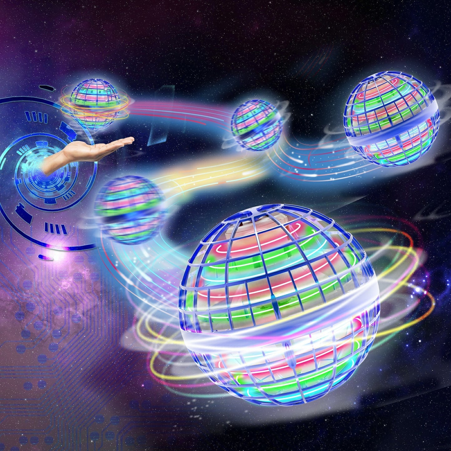 Leuchtender Flying Spinner Ball mit bunten LED Effekten als interaktives Fidget Spielzeug für Kinder und Erwachsene