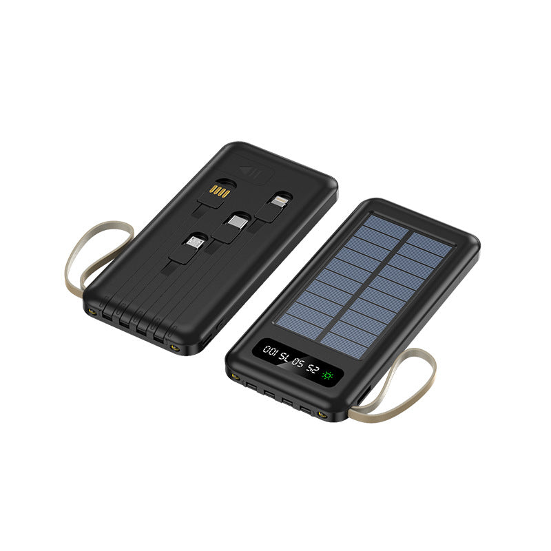 Solar-Powerbank mit integriertem Solarpanel und Ladekabeln für mobiles Laden unterwegs und im Alltag