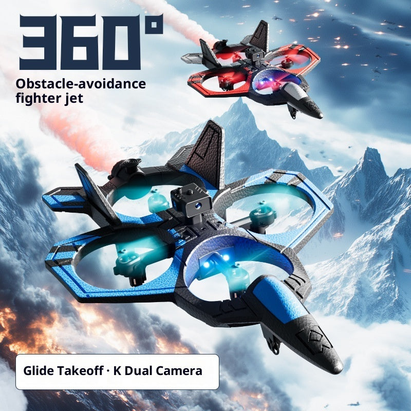 360° Drohne im Kampfjet Design mit Hinderniserkennung, LED-Lichtern und Dualkamera für actionreiche Flüge