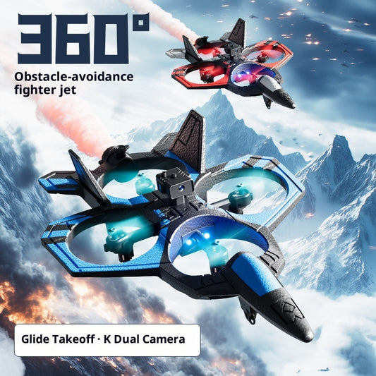360° Drohne im Kampfjet Design mit Hinderniserkennung, LED-Lichtern und Dualkamera für actionreiche Flüge