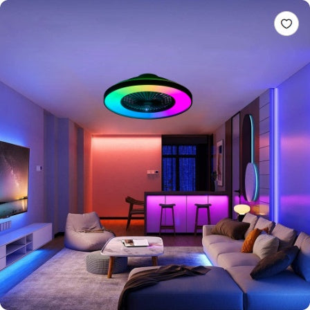 RGB LED Deckenventilator mit moderner Smart Home Beleuchtung im Wohnzimmer