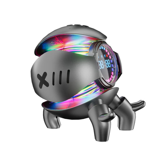 Futuristischer Bluetooth-Lautsprecher im Roboterdesign mit LED-Beleuchtung und Digitaluhr