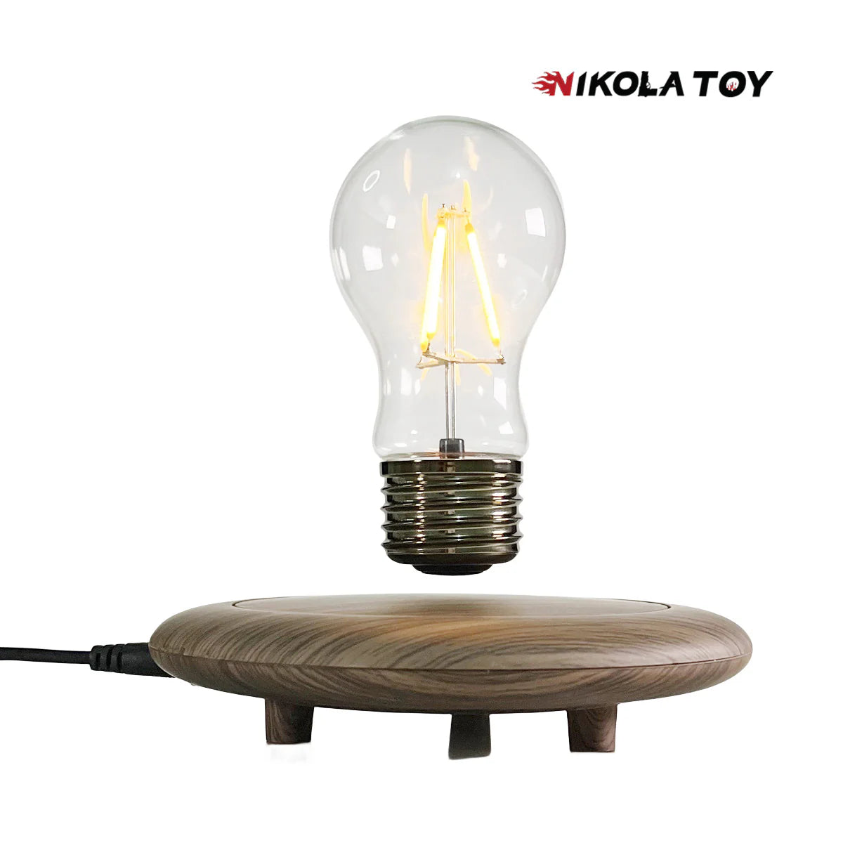 Schwebende LED Glühbirne mit magnetischem Holzsockel als moderne Deko Lampe für Wohnzimmer und Büro