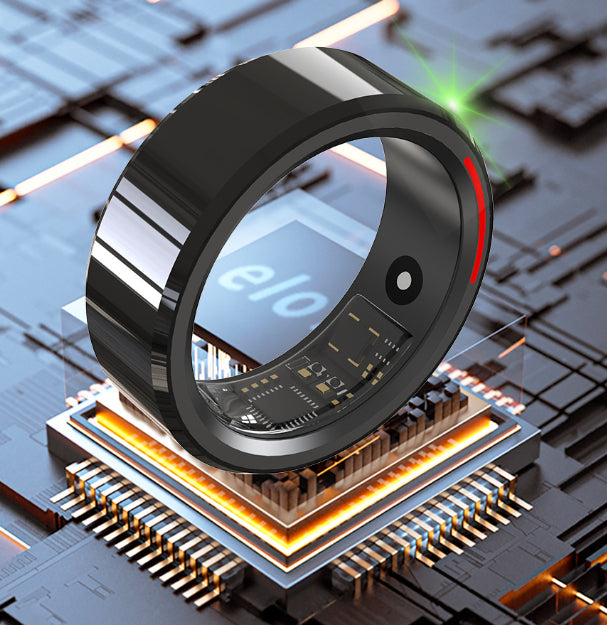 Futuristischer Smart Ring mit Sensor-Technologie auf Mikrochip für modernes Gesundheits-Tracking und Fitnessmonitoring