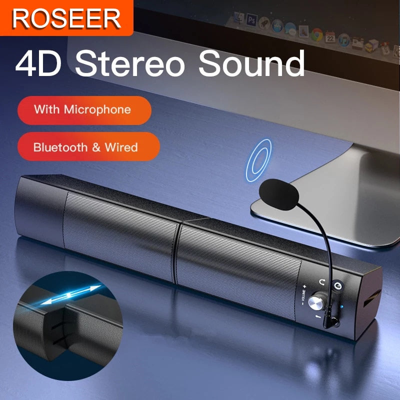 Bluetooth-Soundbar mit Mikrofon, Stereo-Sound und modernem Design für Gaming, Musik und Homeoffice
