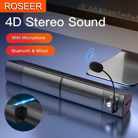 Bluetooth-Soundbar mit Mikrofon, Stereo-Sound und modernem Design für Gaming, Musik und Homeoffice